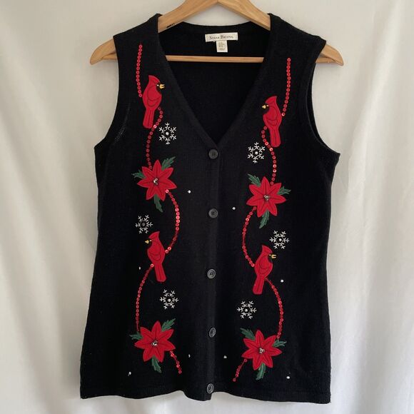 VTG Susan Bristol Christmas Holiday Vest Red Cardinals Birds Sequins Poinsettia - Picture 3 of 8